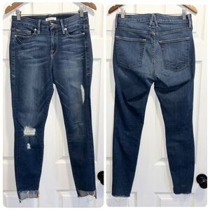 Good American Good Waist Distressed Step Hem Jeans Dark Wash Raw Hem Size 2